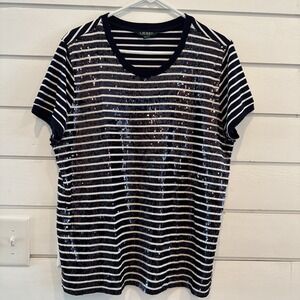 Lauren Ralph Lauren Top  Women XL Blue‎ White Stripe Sequins Short Sleeve
